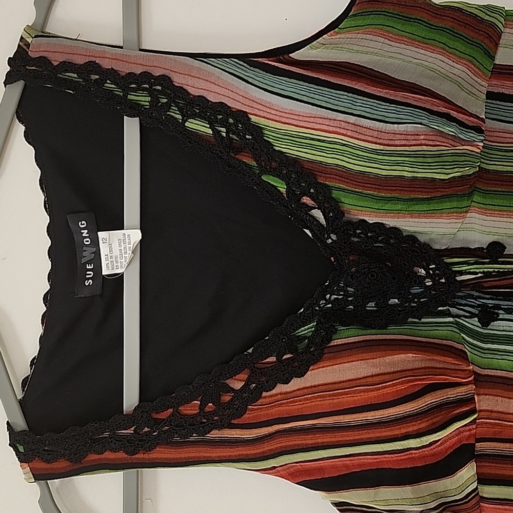 Sue Wong Vintage 100% Silk Forest Fairy Multicolor Floral Striped Dress Sz 12 - Picture 16 of 16